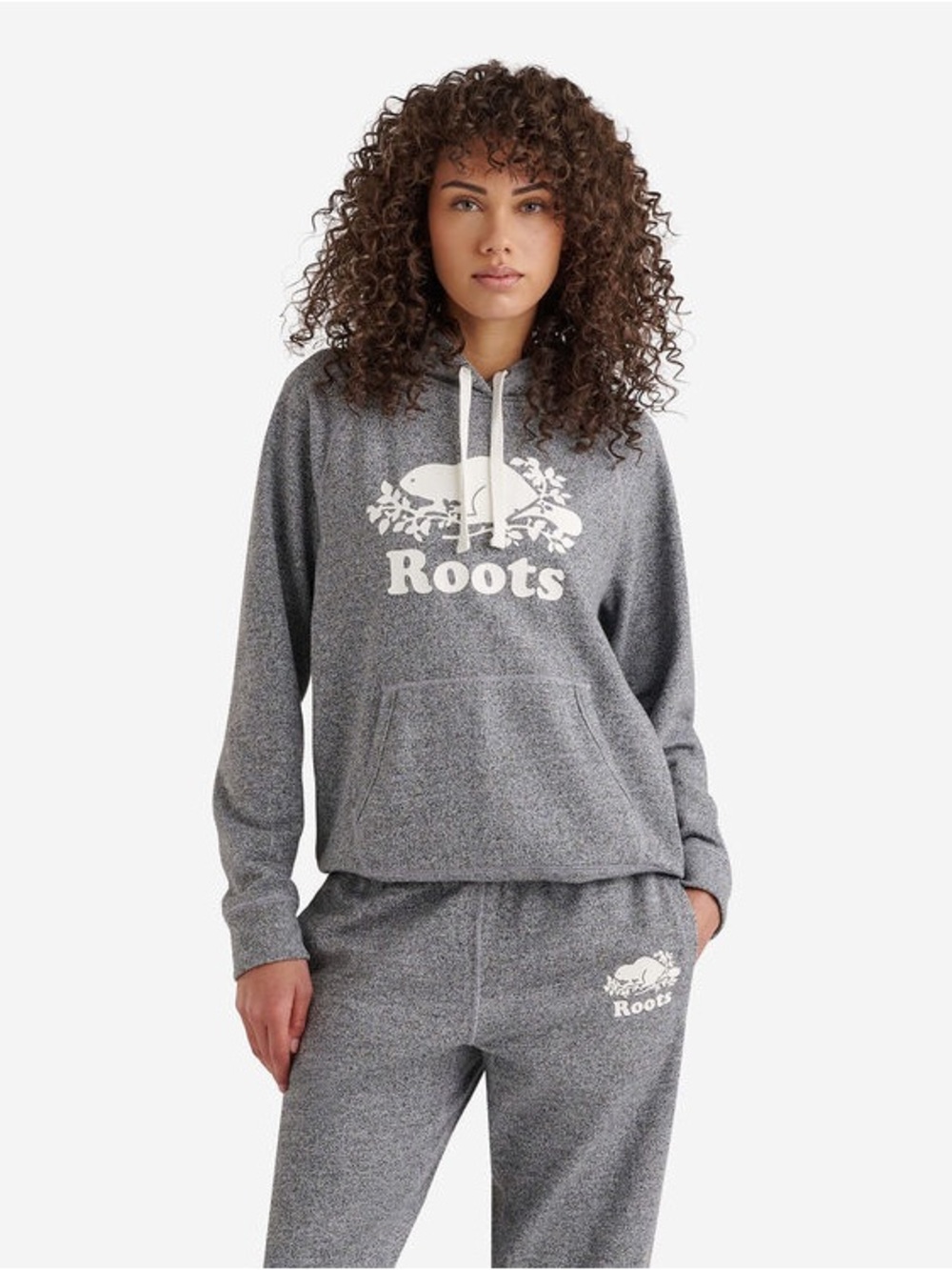 Roots Women’s Original Salt & Pepper Gray Logo Pullover Hoodie Sweatshirt Pocket